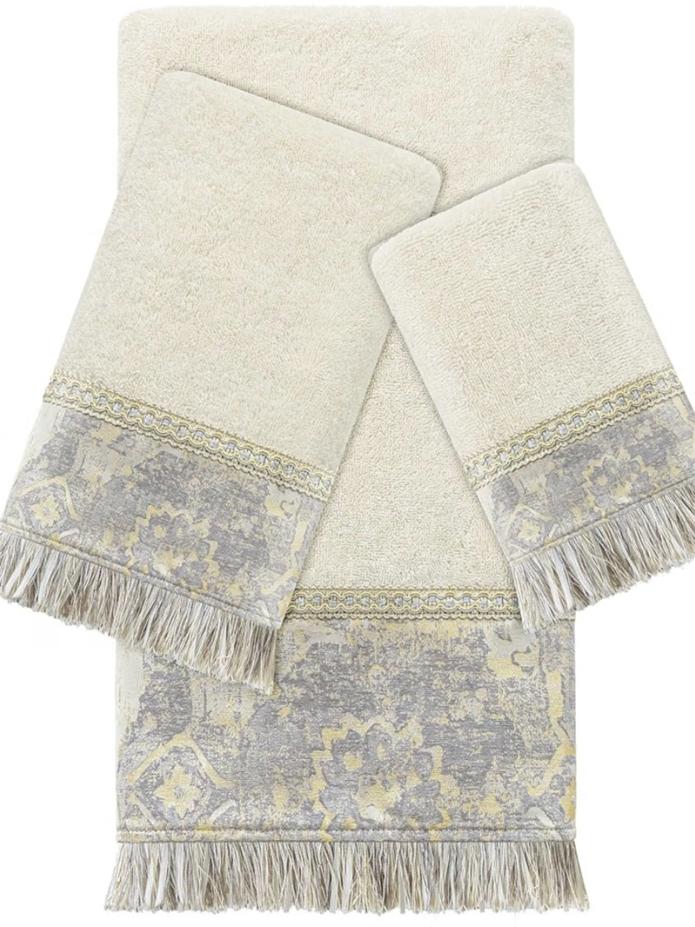 Plush Cream Bath Towel Set with Gray and Gold Patterned Trim